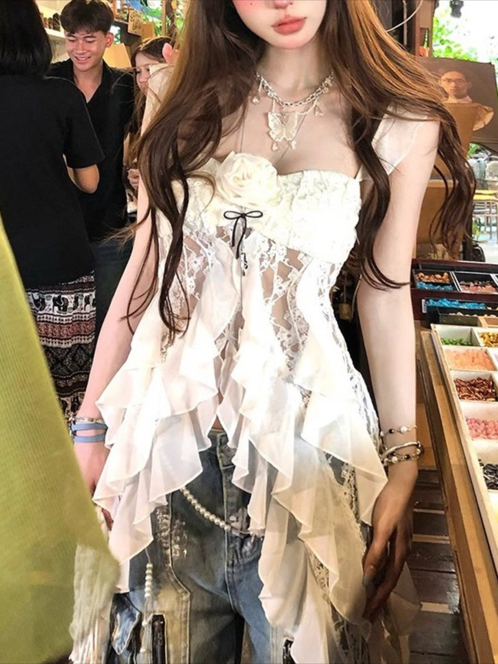 omen's Summer New Lace Cami Top - Vacation Outfit, Ruffle Hem Asymmetric High Low Peplum Top, Sheer Going Out Tank