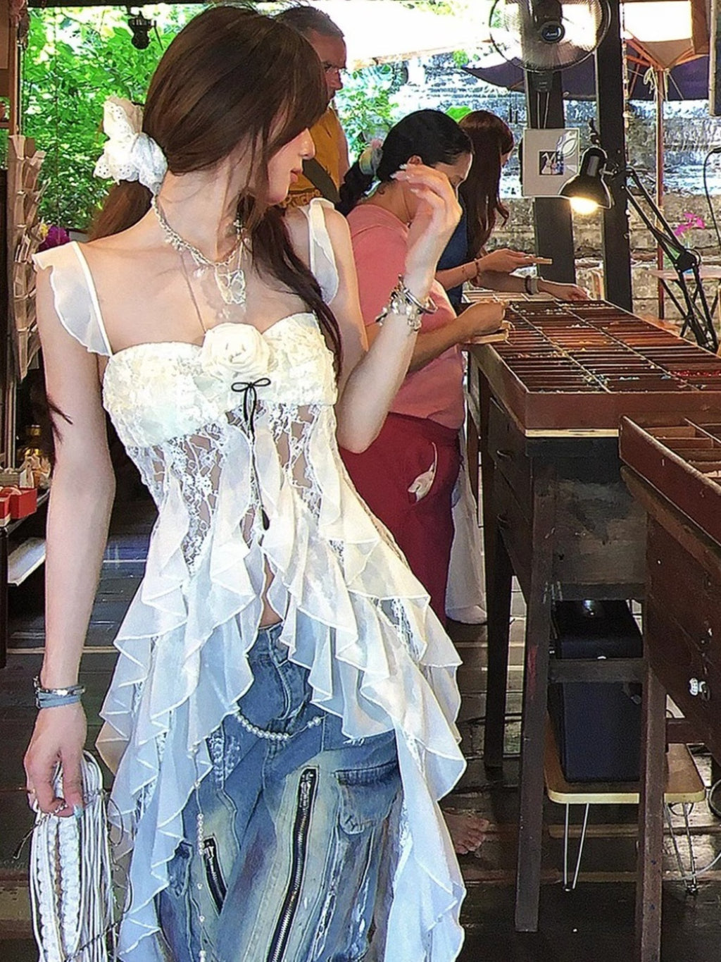 omen's Summer New Lace Cami Top - Vacation Outfit, Ruffle Hem Asymmetric High Low Peplum Top, Sheer Going Out Tank