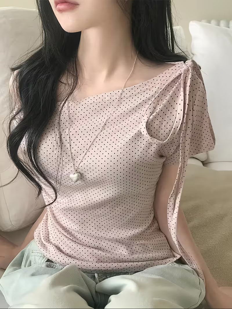 Sassygals Korean Style Pure Desire Polka Dot Strap Off-Shoulder T-Shirt Women'S Slim Fit And Hot Exposed Shoulder Top Summer