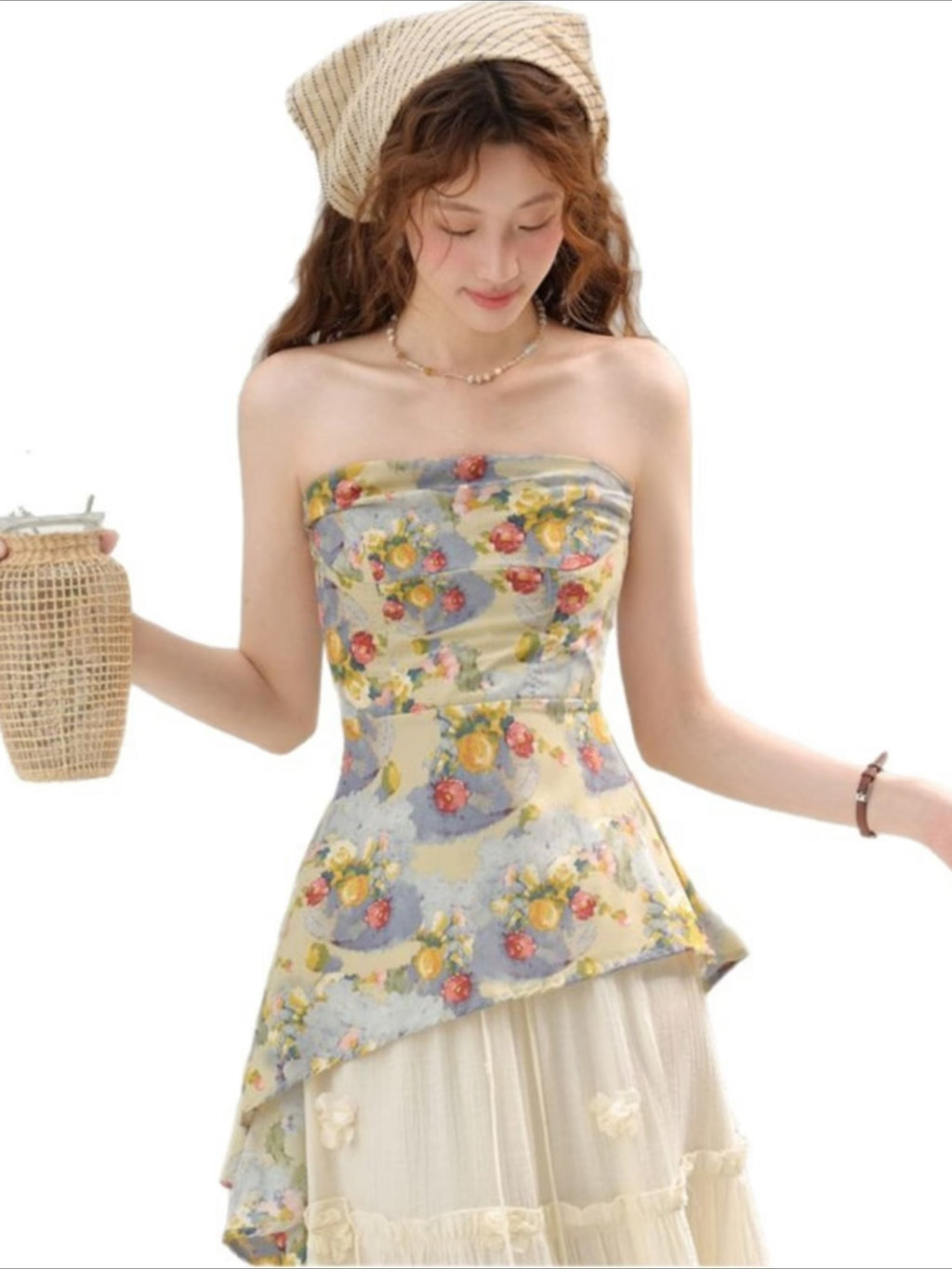 Women's Summer Floral Print Crop Top with Irregular Waistline and Cut-Out Design