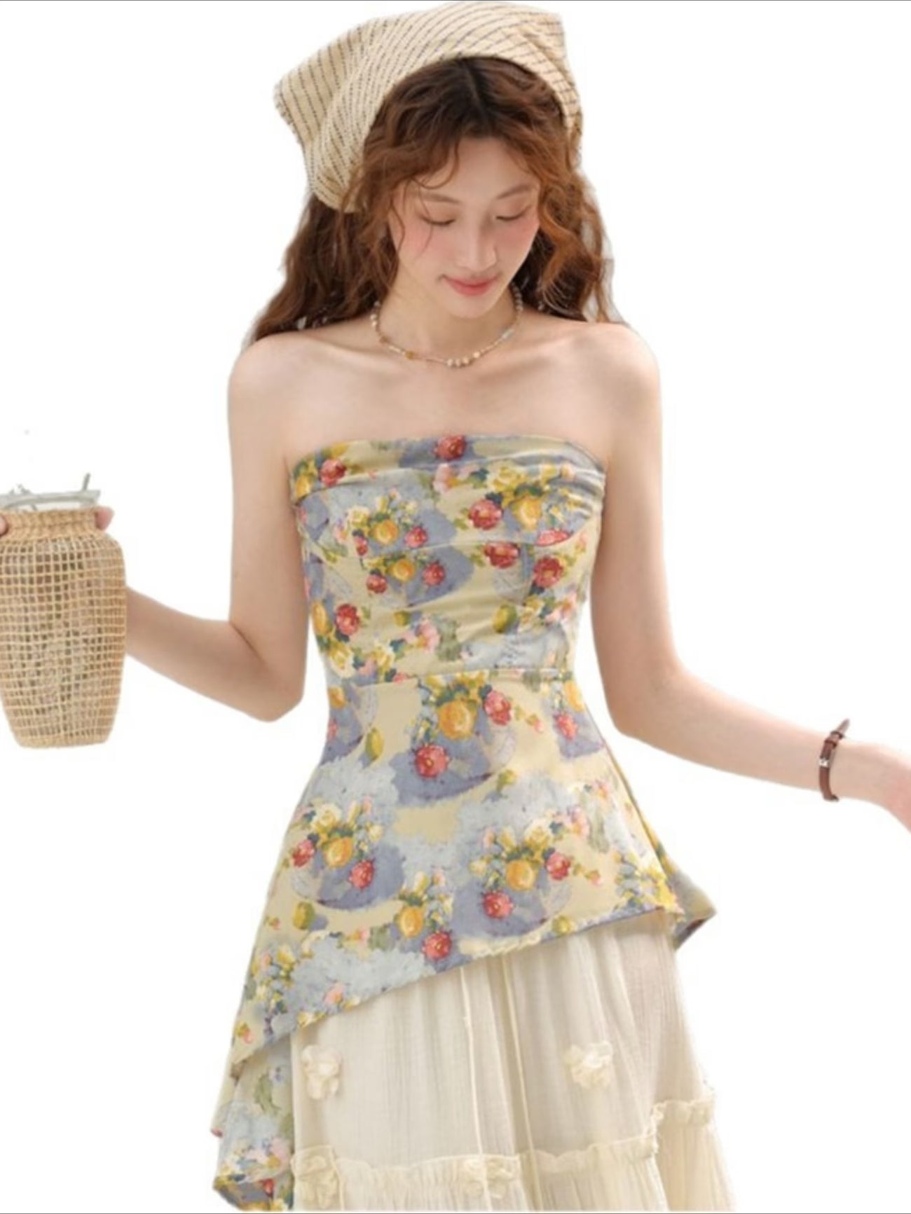 Women's Summer Floral Print Crop Top with Irregular Waistline and Cut-Out Design